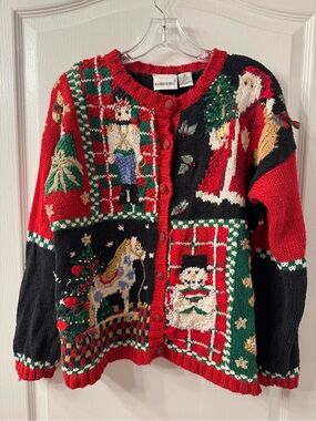 Fashion Bug Holiday Patchwork Knit Button Down Sweater